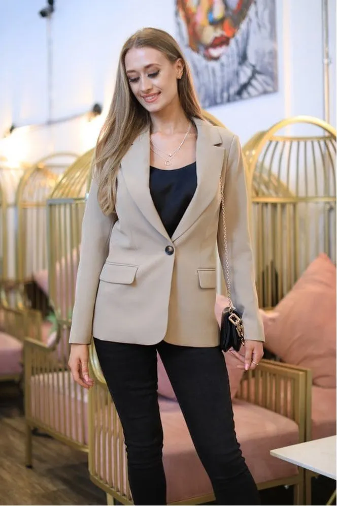 Double Second Camel Single Button Fitted Blazer