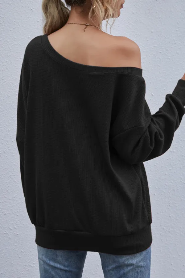 Dunnmall Vintage Plain Long Sleeve Off Shoulder Casual Tops