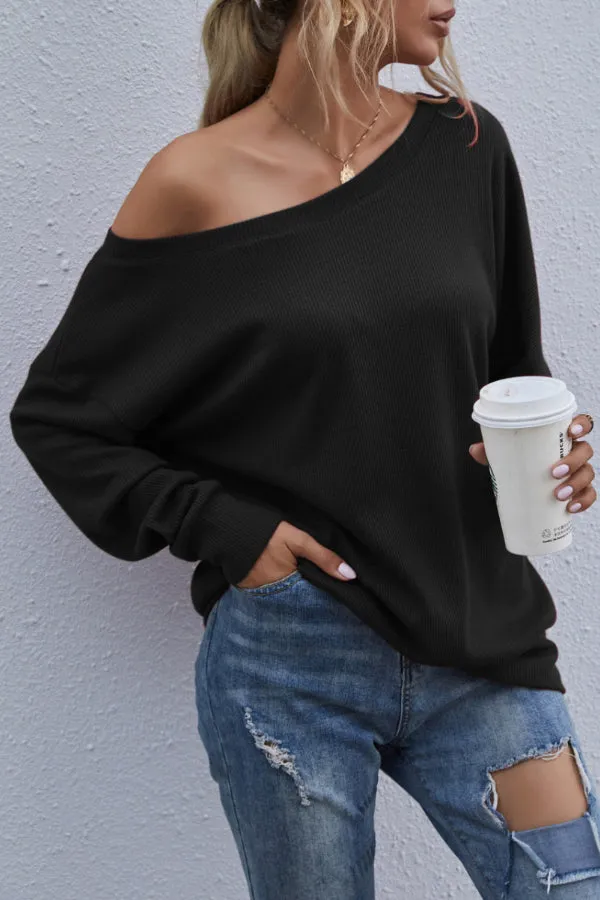 Dunnmall Vintage Plain Long Sleeve Off Shoulder Casual Tops