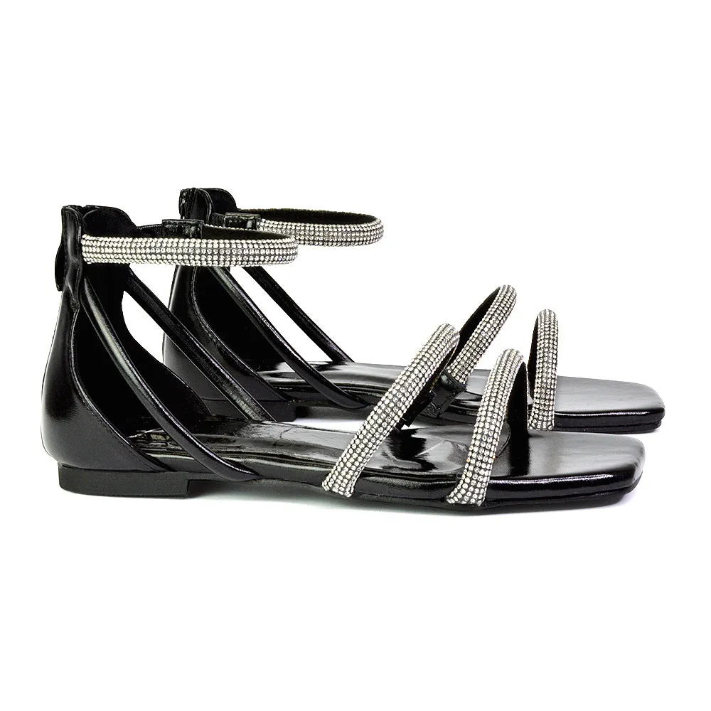 Esma Strappy Diamante Flat Sandals with A Square Toe in Black