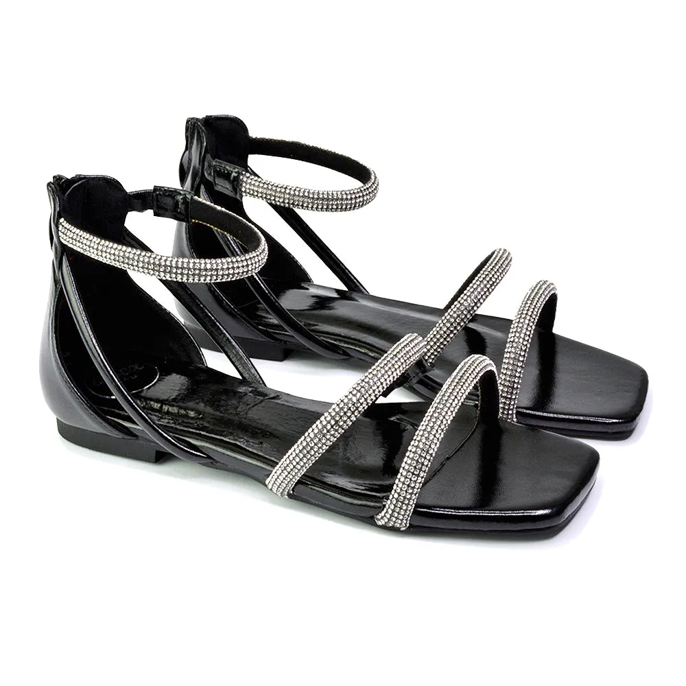 Esma Strappy Diamante Flat Sandals with A Square Toe in Black