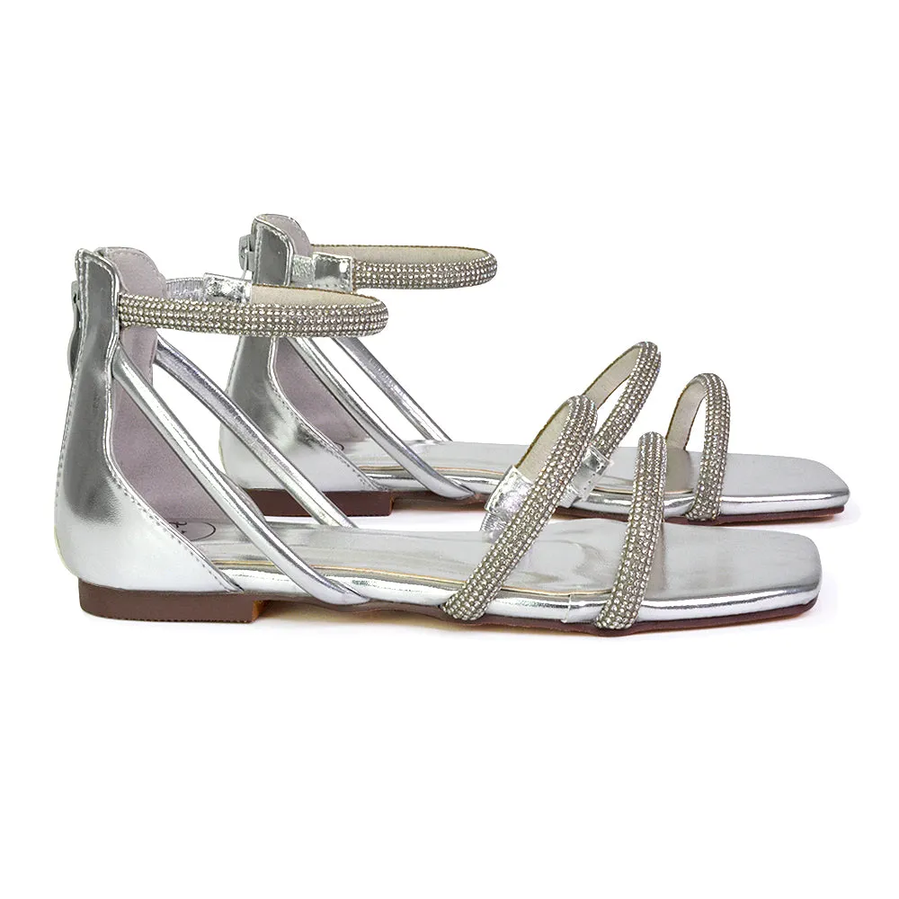 Esma Strappy Diamante Flat Sandals with A Square Toe in Black