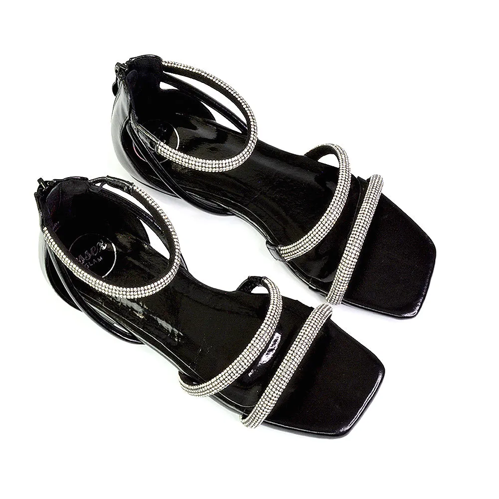 Esma Strappy Diamante Flat Sandals with A Square Toe in Black