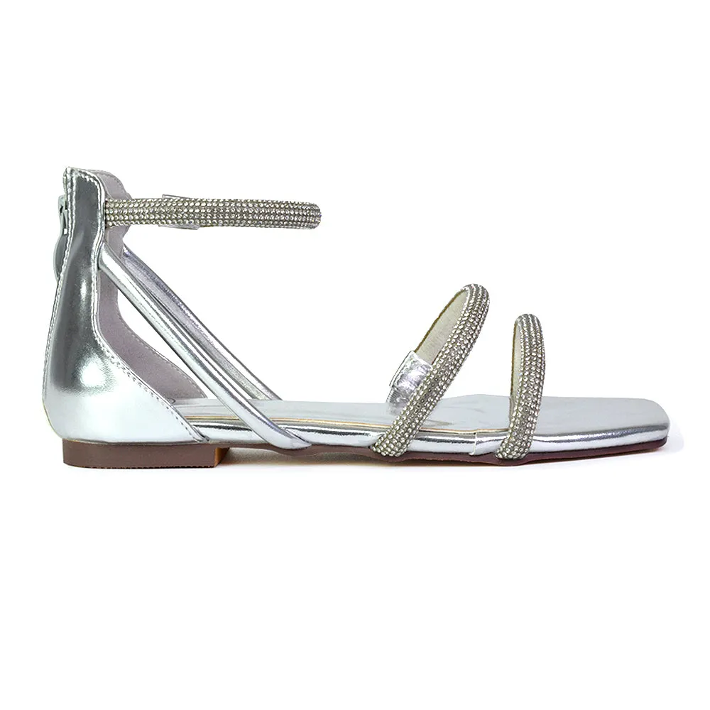 Esma Strappy Diamante Flat Sandals with A Square Toe in Black