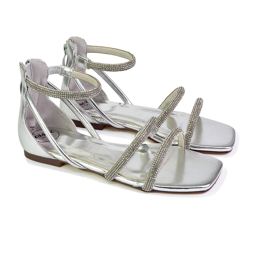 Esma Strappy Diamante Flat Sandals with A Square Toe in Black