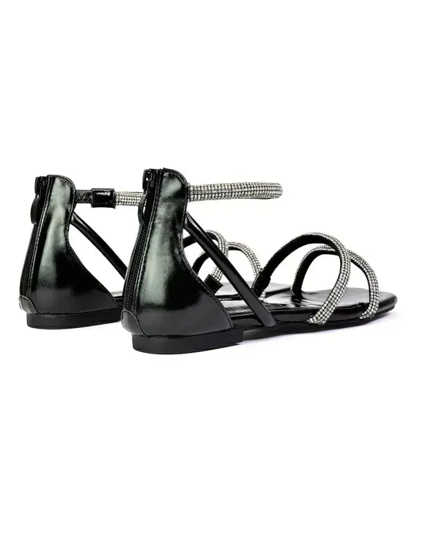 Esma Strappy Diamante Flat Sandals with A Square Toe in Black