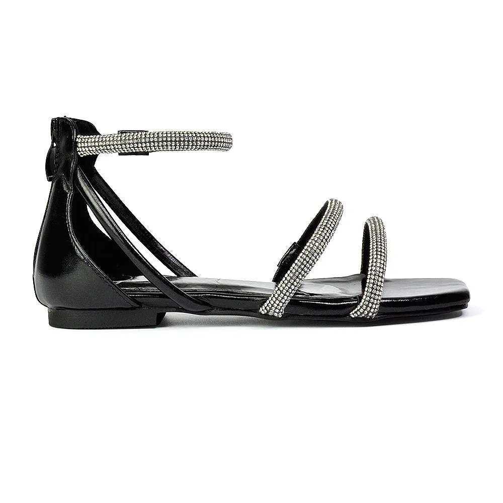 Esma Strappy Diamante Flat Sandals with A Square Toe in Black