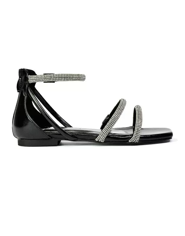 Esma Strappy Diamante Flat Sandals with A Square Toe in Black