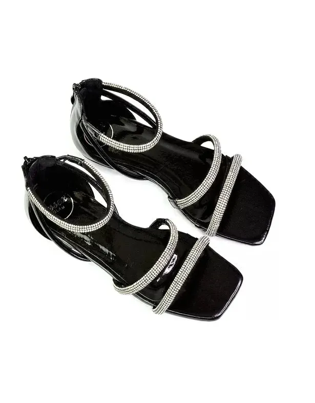 Esma Strappy Diamante Flat Sandals with A Square Toe in Black