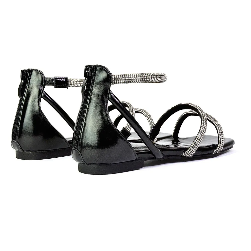 Esma Strappy Diamante Flat Sandals with A Square Toe in Black