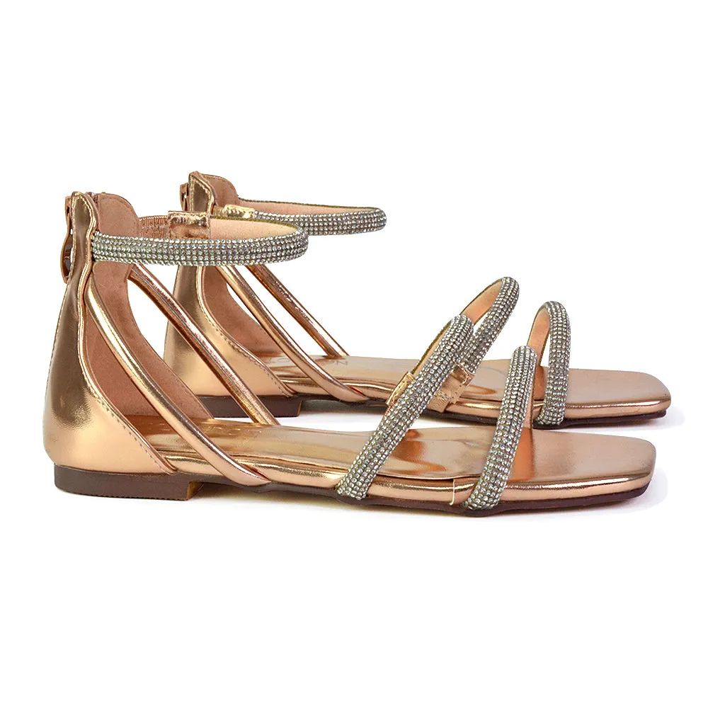 Esma Strappy Diamante Flat Sandals with A Square Toe in Black