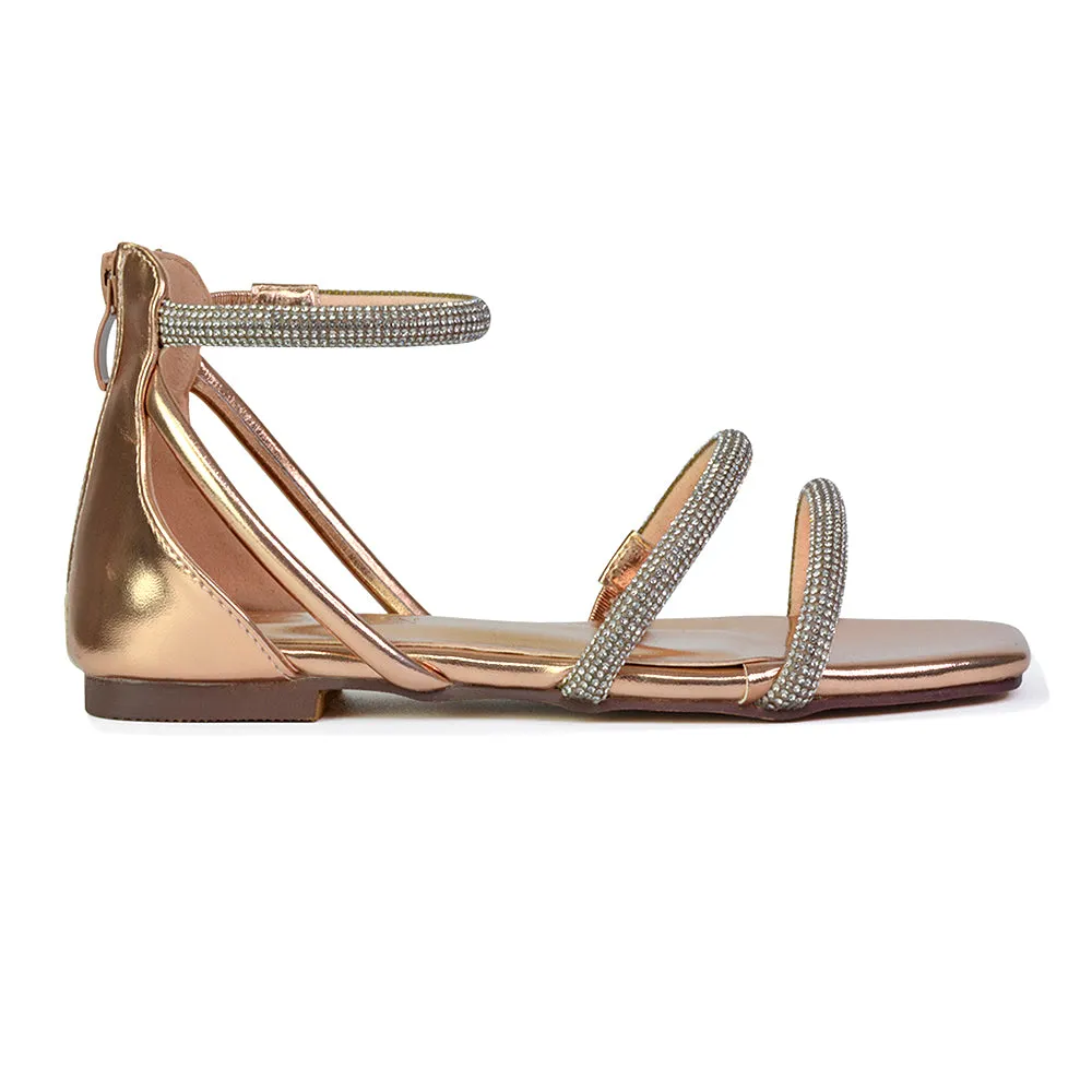 Esma Strappy Diamante Flat Sandals with A Square Toe in Black