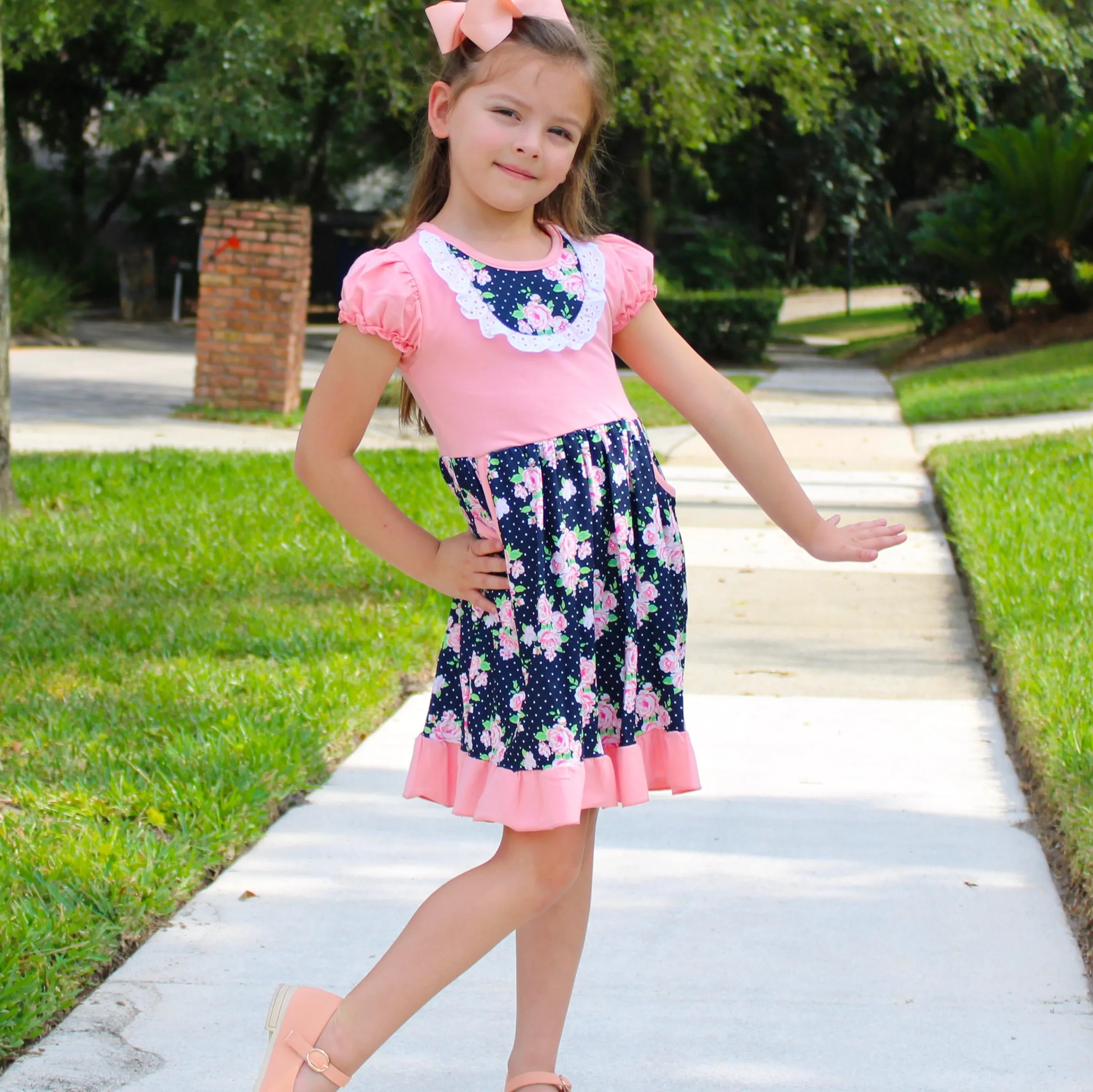 Girls Pink & Blue Floral Bouquet Short Sleeve ruffle Party Dress