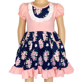 Girls Pink & Blue Floral Bouquet Short Sleeve ruffle Party Dress