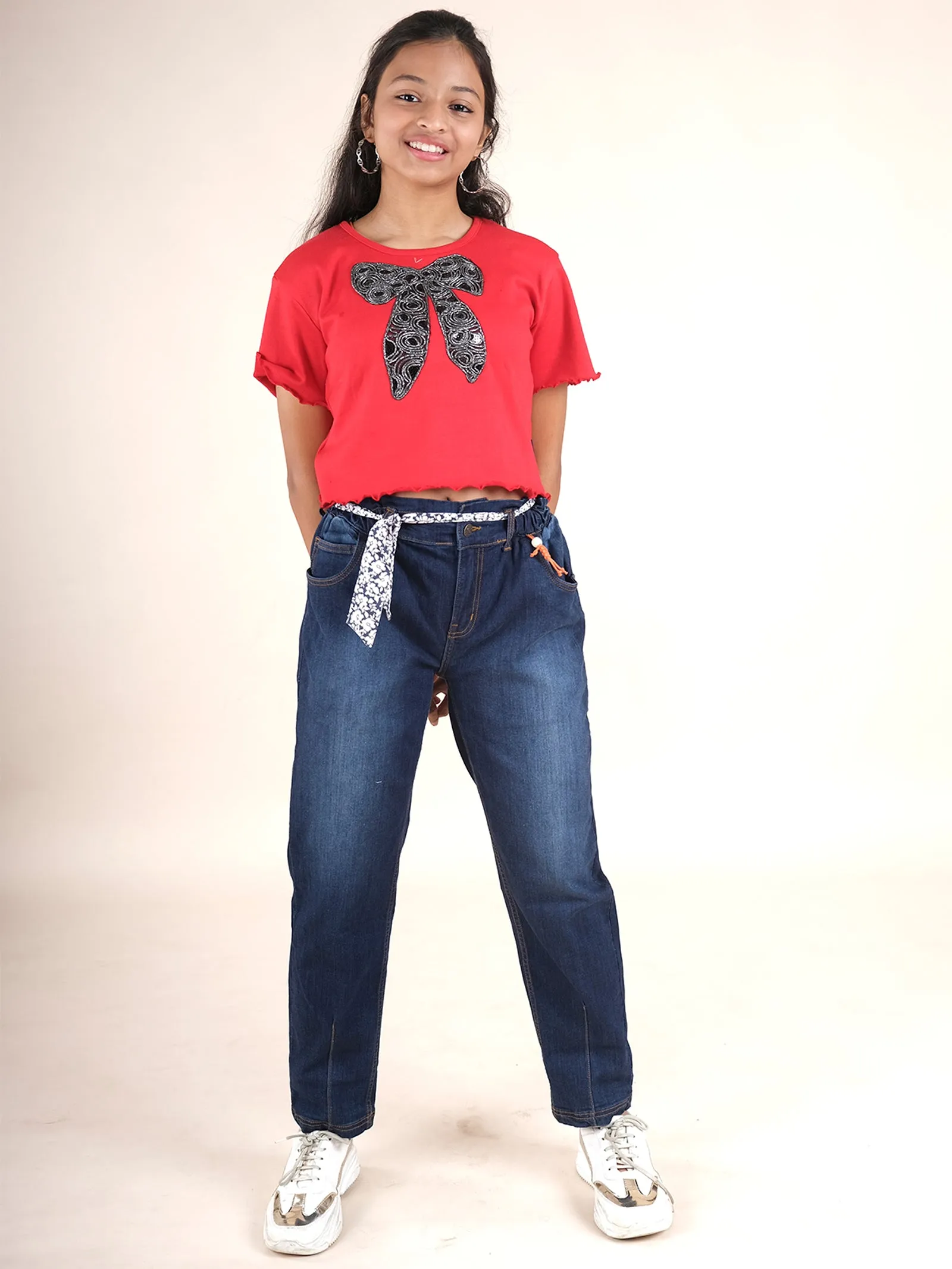 Girls Solid Paper Bag Jeans Pant With Fabric Belt