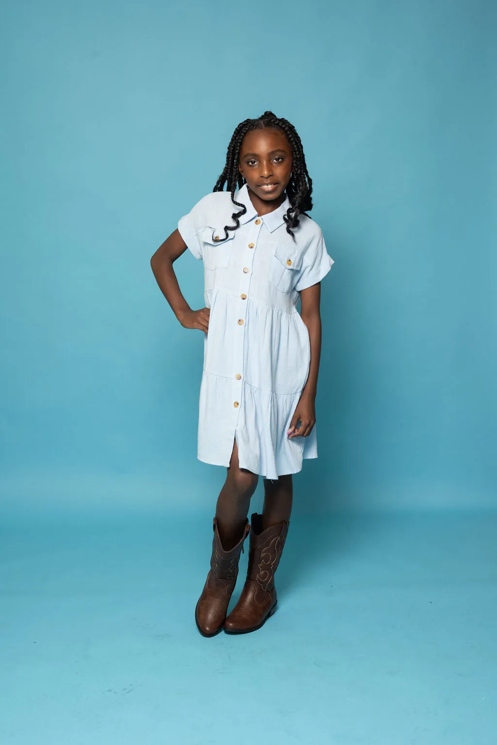 Girls Textured Button Down Collared Dress