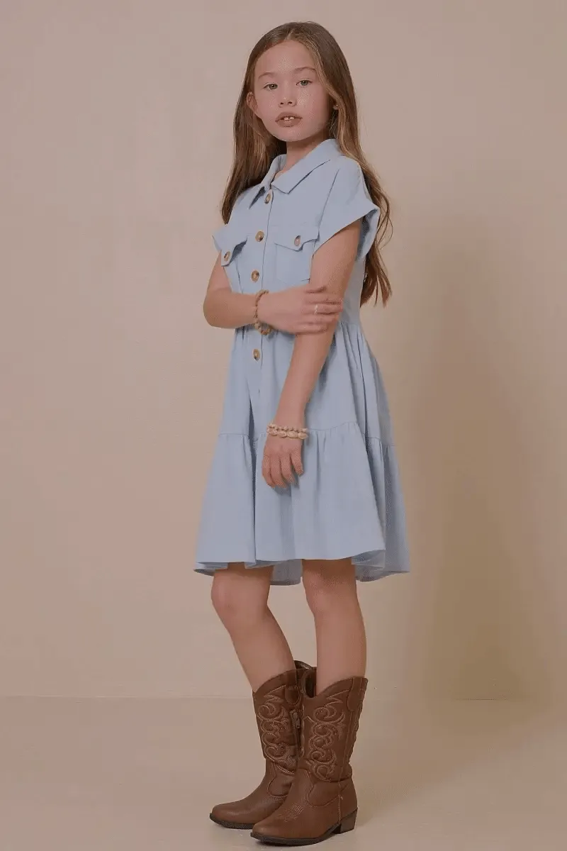 Girls Textured Button Down Collared Dress