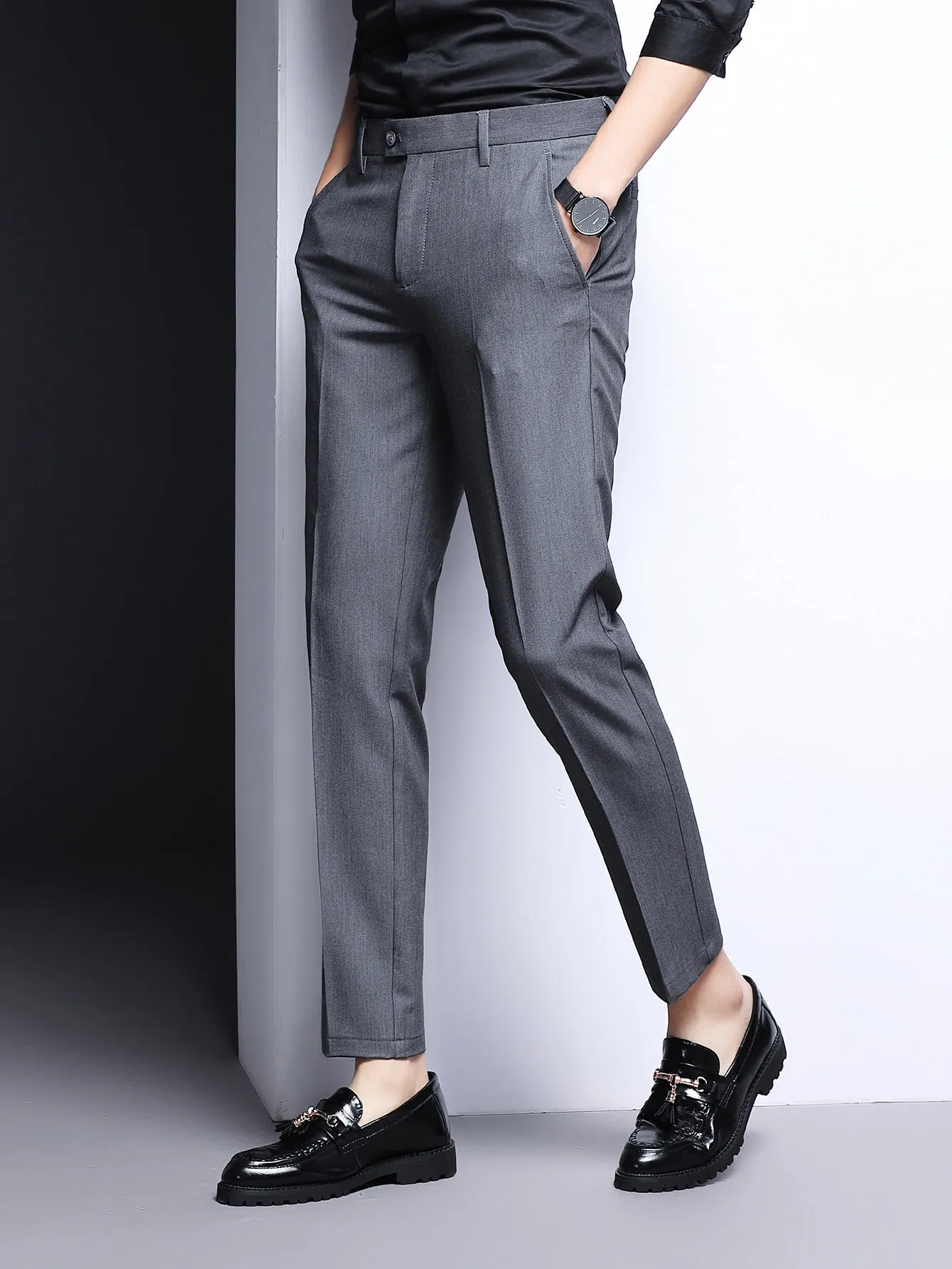 Grey Zipper Fly Slant Pocket Tailored Trousers