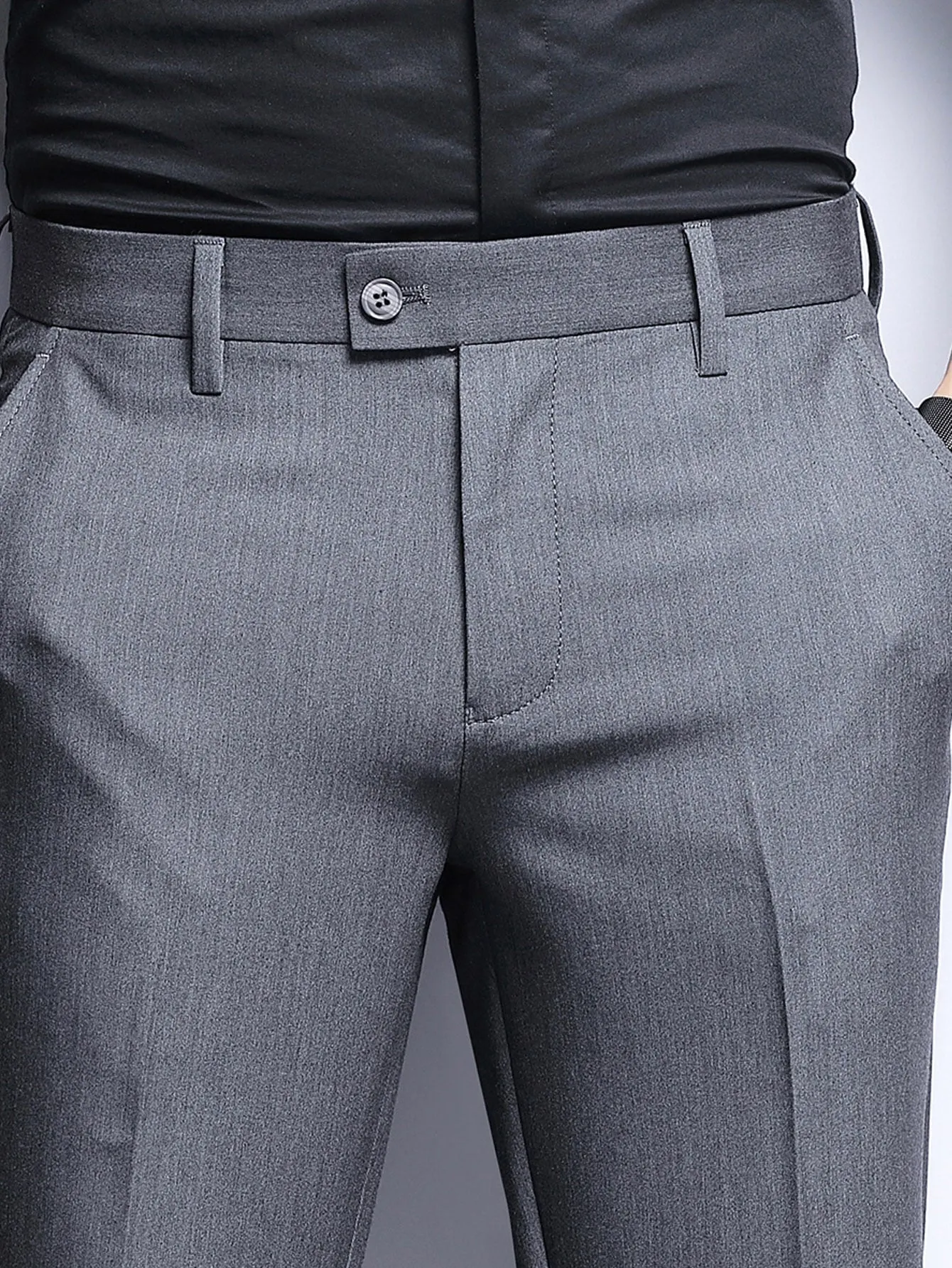 Grey Zipper Fly Slant Pocket Tailored Trousers