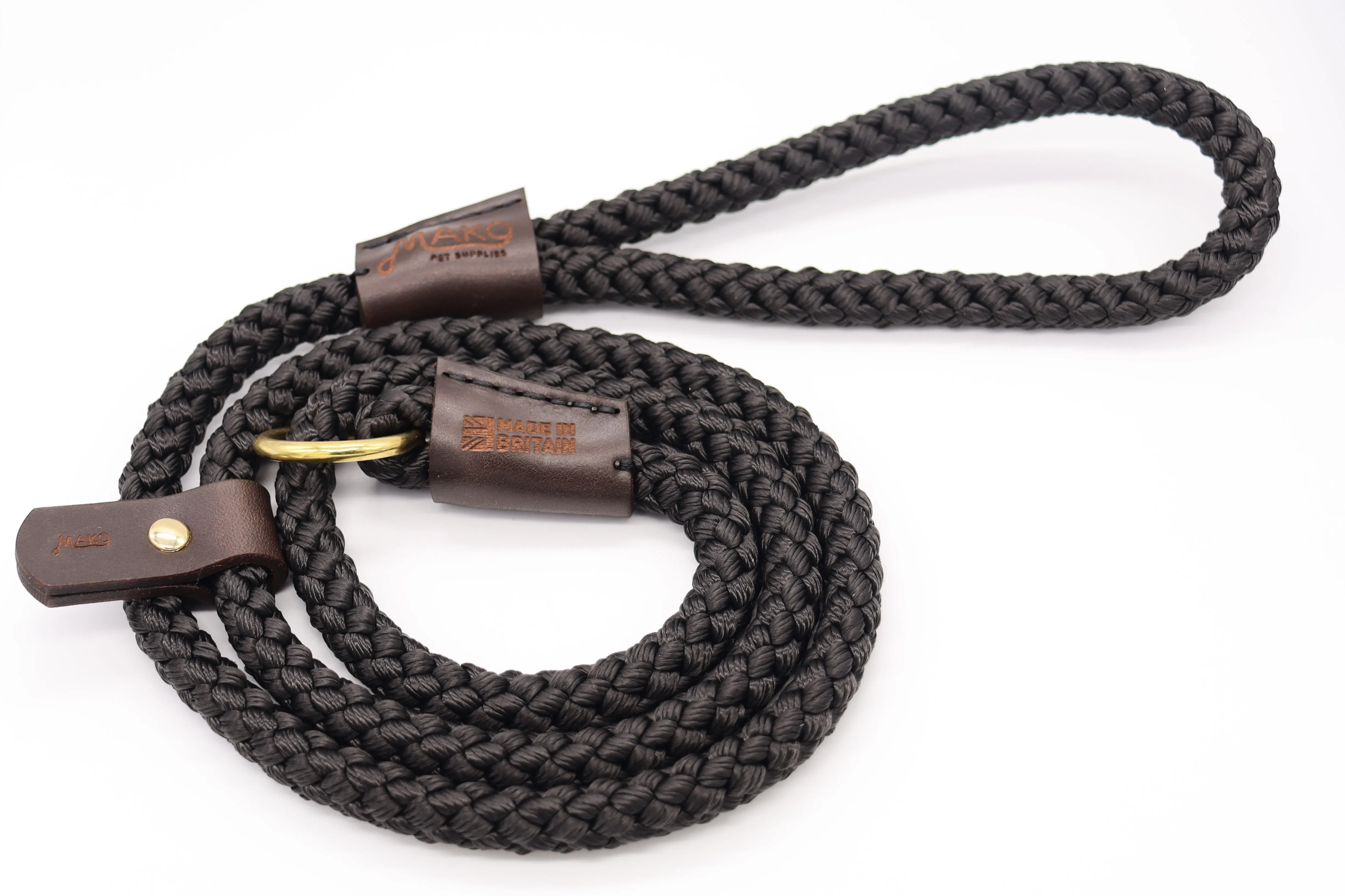 Hand sewn Traditional Gundog Slip Lead - Solid Brass and Leather with Black or Olive Nylon Rope