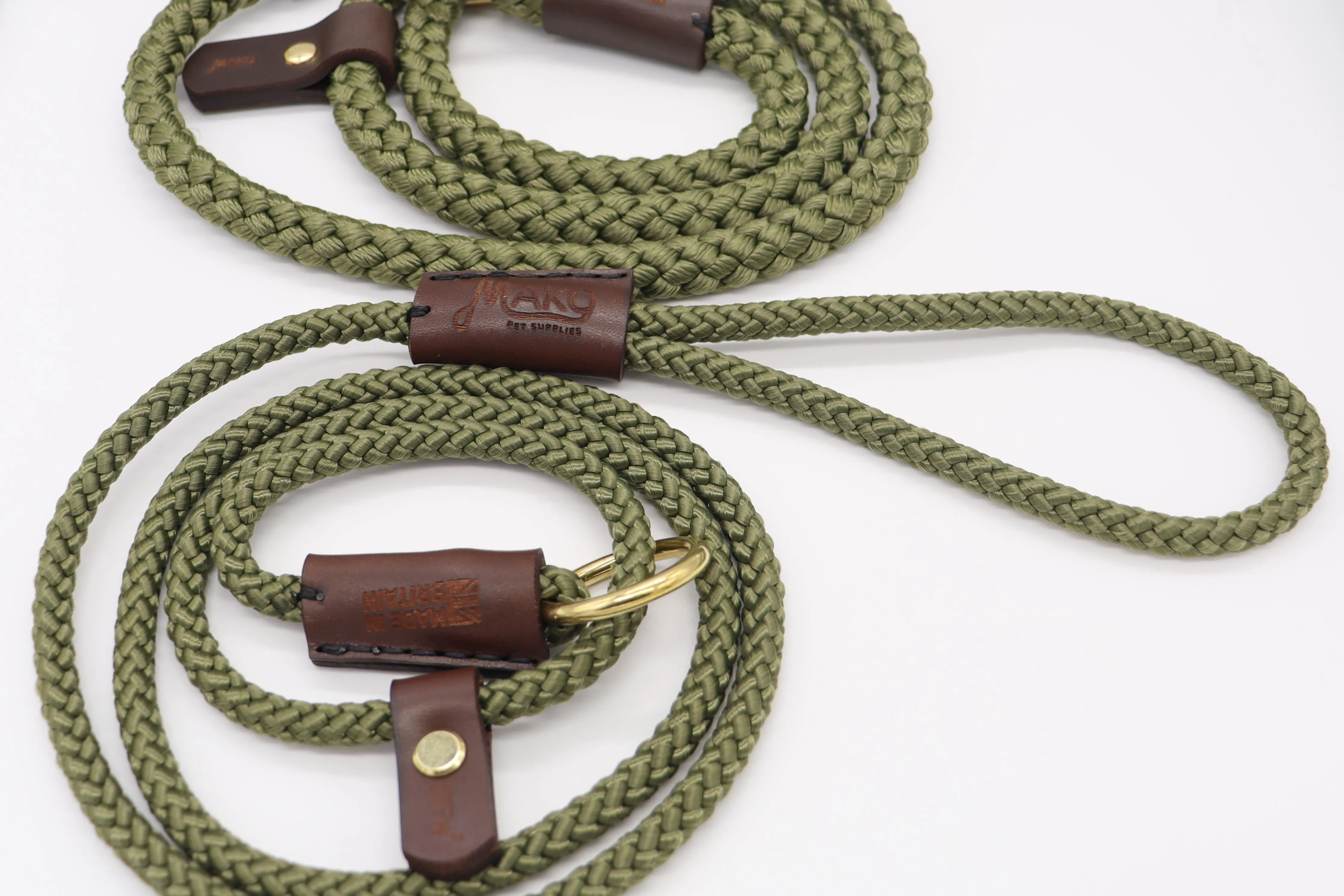 Hand sewn Traditional Gundog Slip Lead - Solid Brass and Leather with Black or Olive Nylon Rope