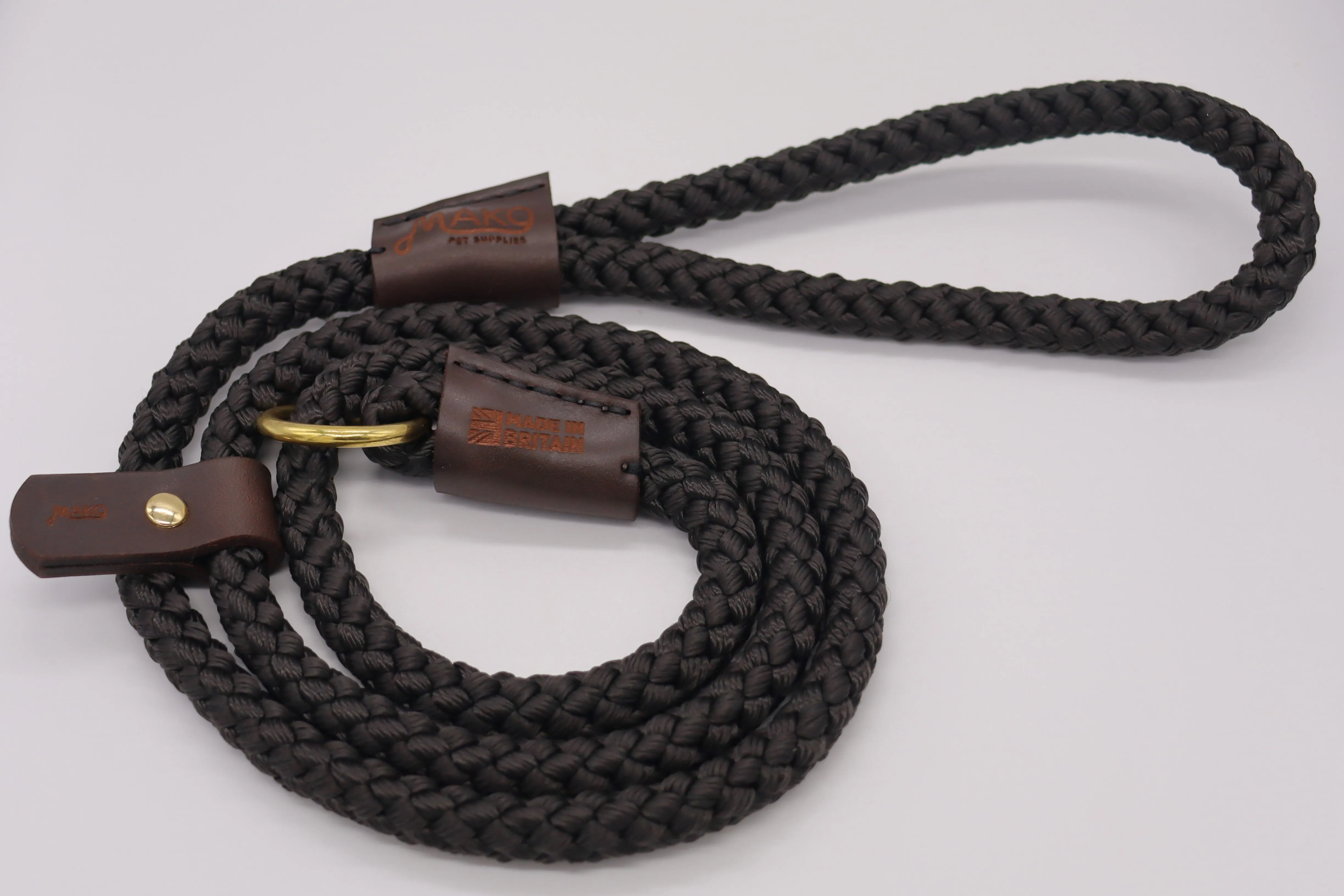 Hand sewn Traditional Gundog Slip Lead - Solid Brass and Leather with Black or Olive Nylon Rope