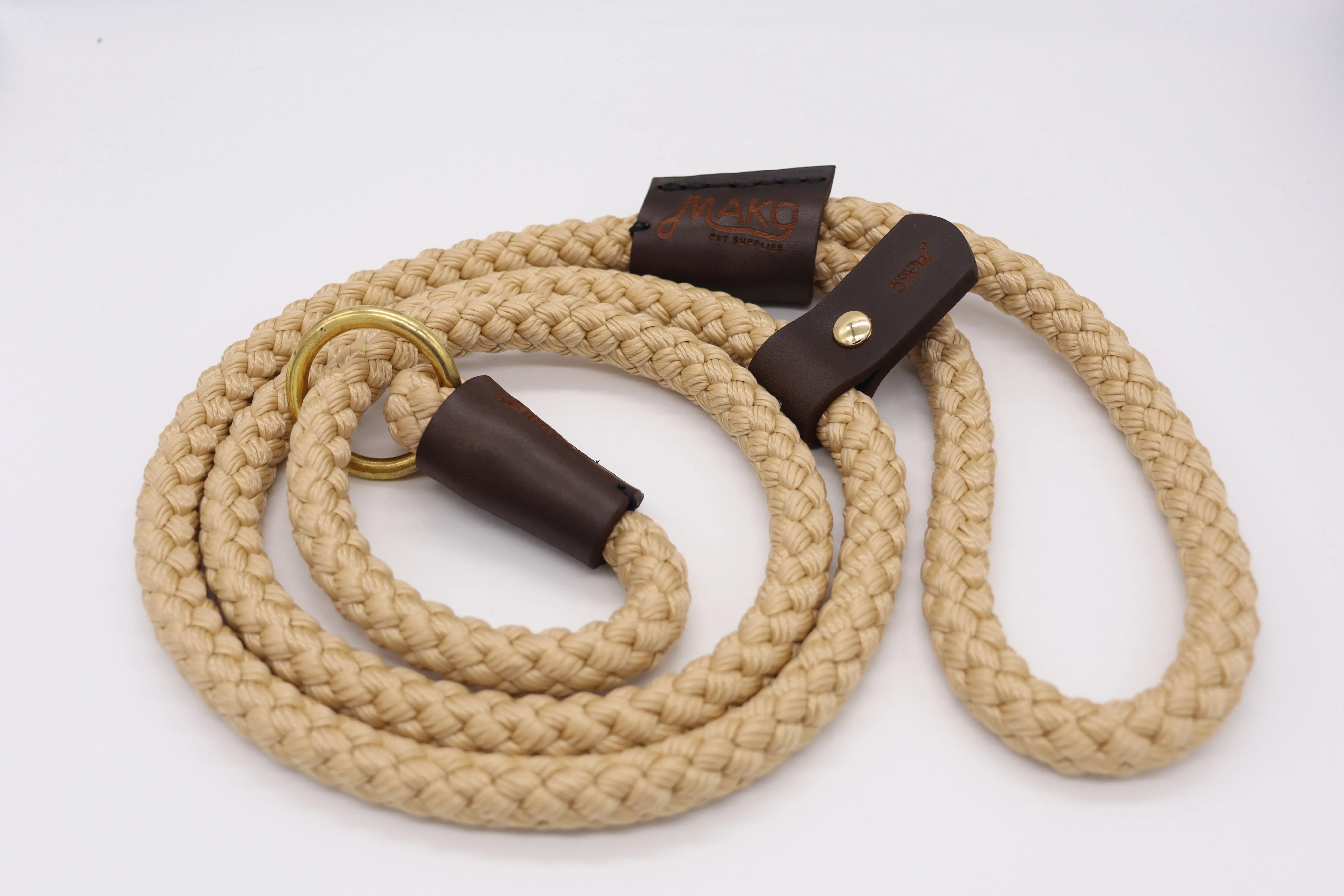 Hand sewn Traditional Gundog Slip Lead - Solid Brass and Leather with Black or Olive Nylon Rope