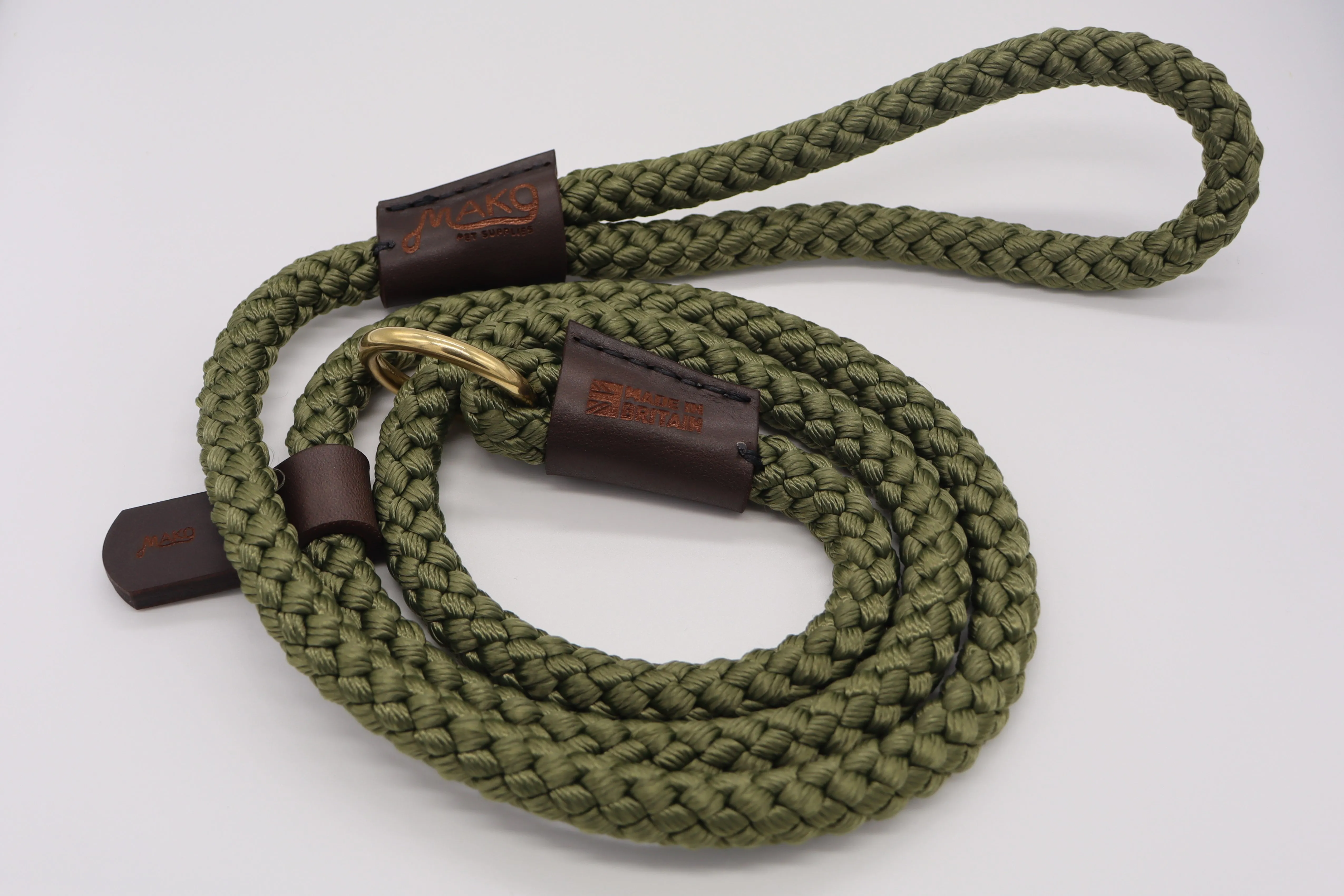 Hand sewn Traditional Gundog Slip Lead - Solid Brass and Leather with Black or Olive Nylon Rope