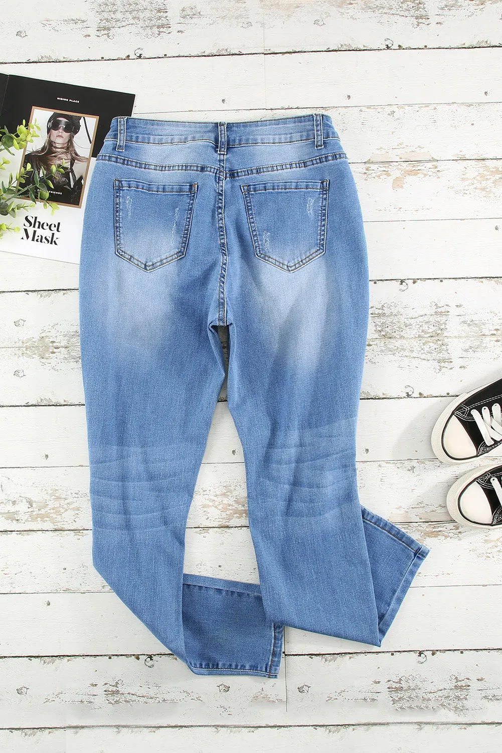 High Rise Button Fly Distressed Slim-fit Jeans