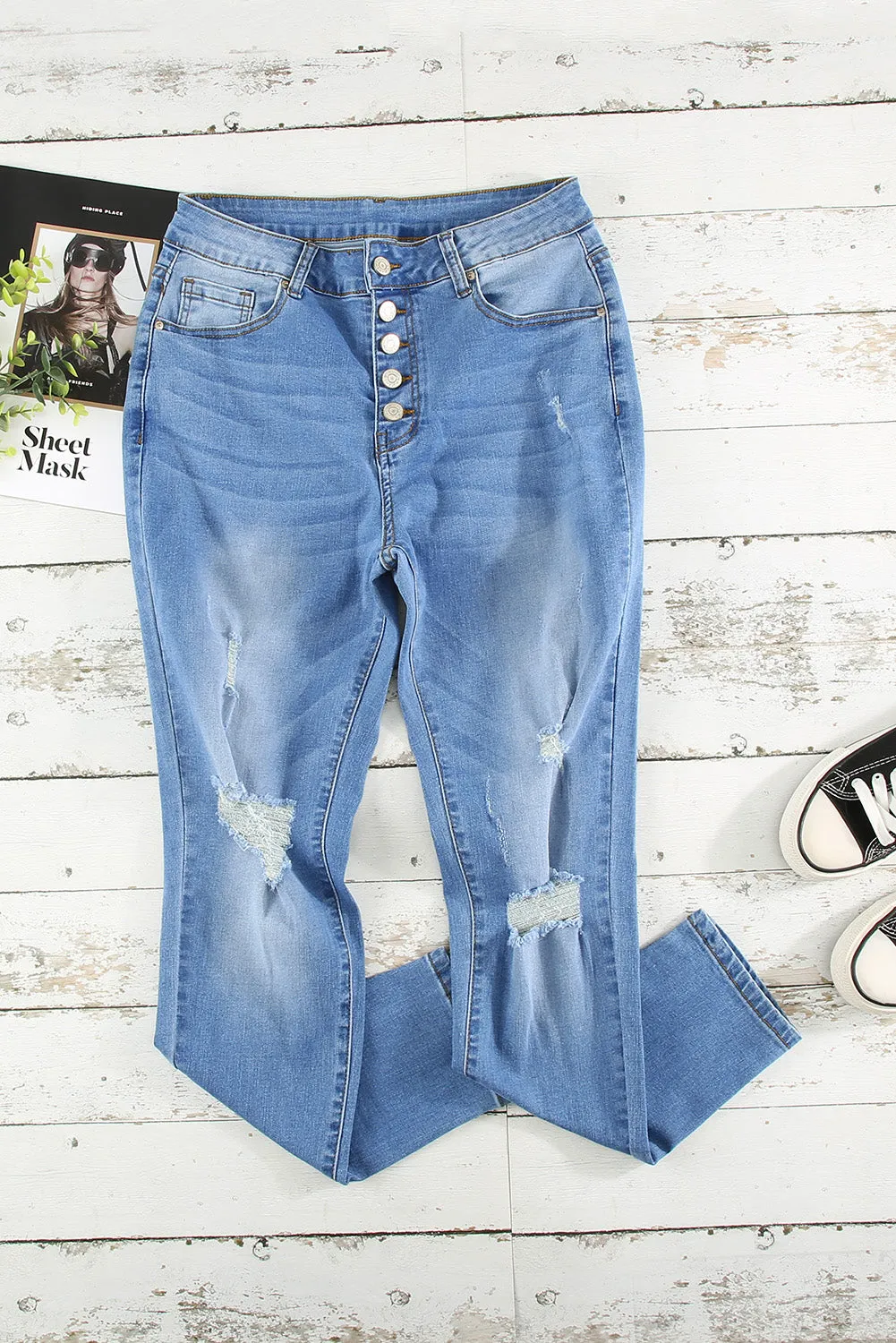 High Rise Button Fly Distressed Slim-fit Jeans