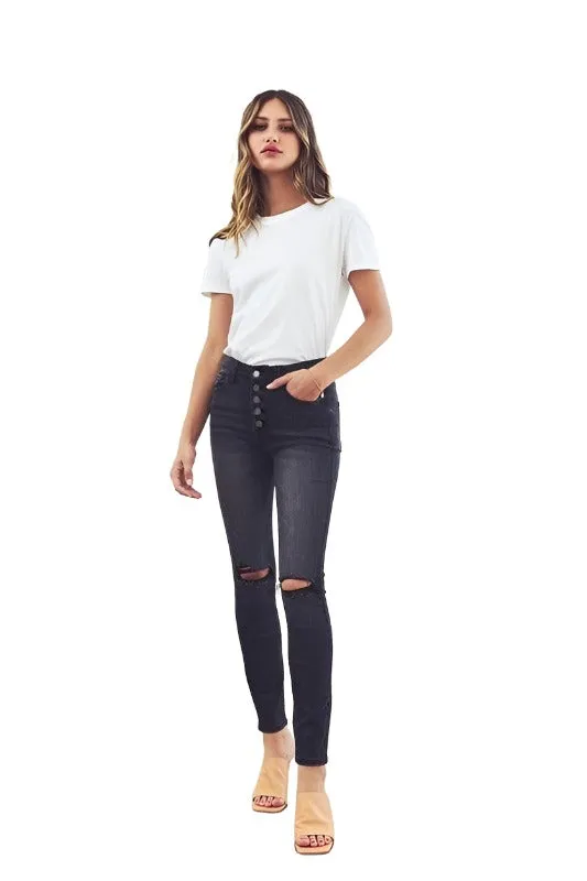 High Rise Distressed Button Fly Ankle Skinny