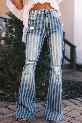 High Waist Distressed Striped Flare Jeans