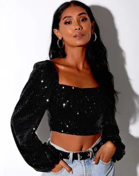 Irene Crop Top in Drape Sequin Black