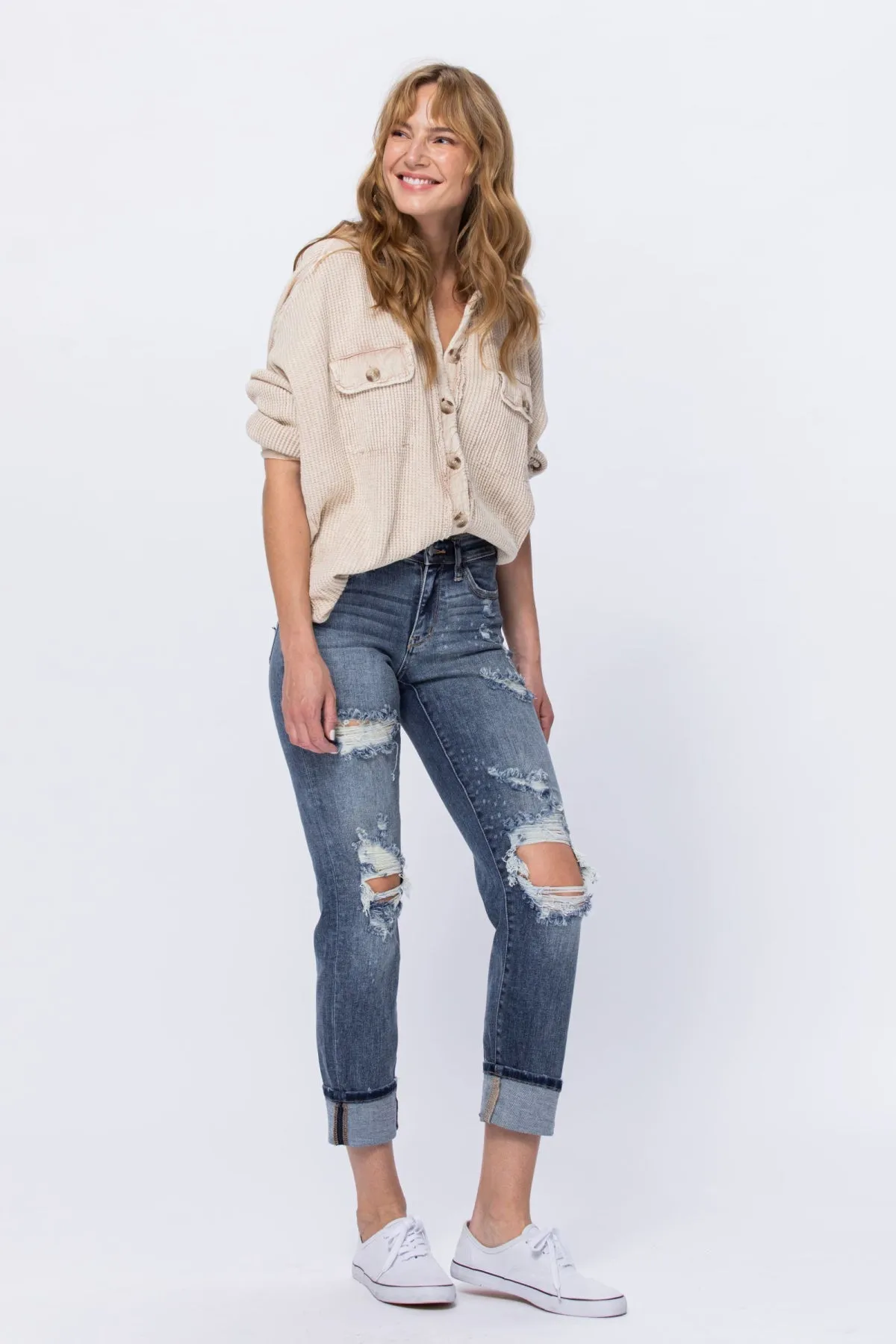 Judy Blue Full Size Mid-Rise Bleach Splash Boyfriend Jeans