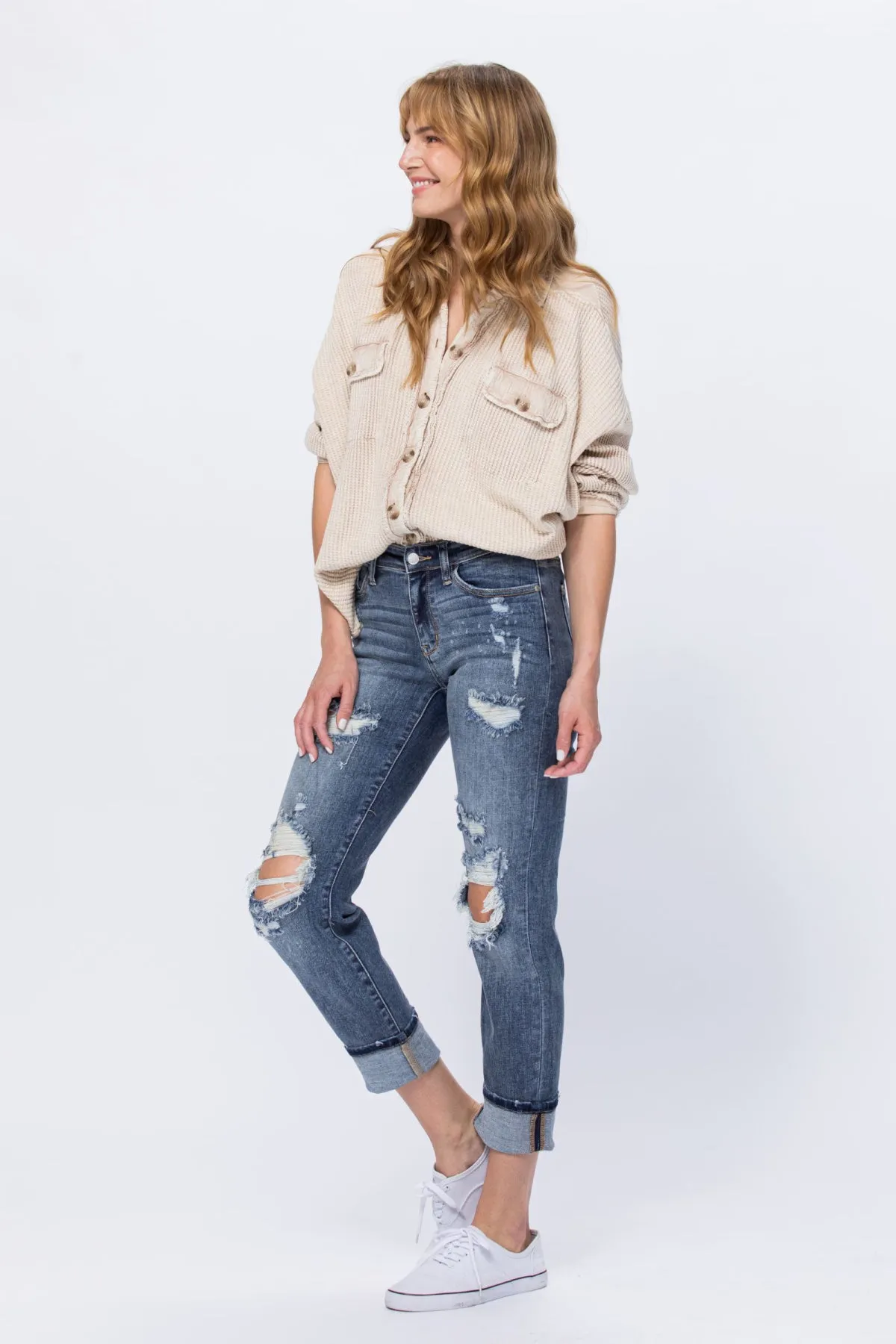 Judy Blue Full Size Mid-Rise Bleach Splash Boyfriend Jeans