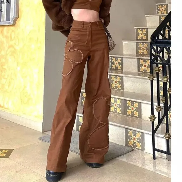 KittenAlarm - Brown Vintage Baggy Jeans Women 90s Streetwear