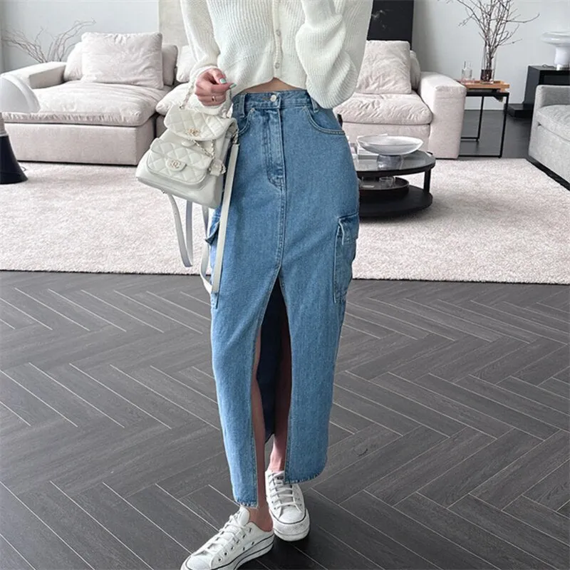 KittenAlarm - Cargo Jeans Skirt for Women High Waisted Side Pockets Split Fashion Midi Skirt Vintage Casual Streetwear Y2k Skirts