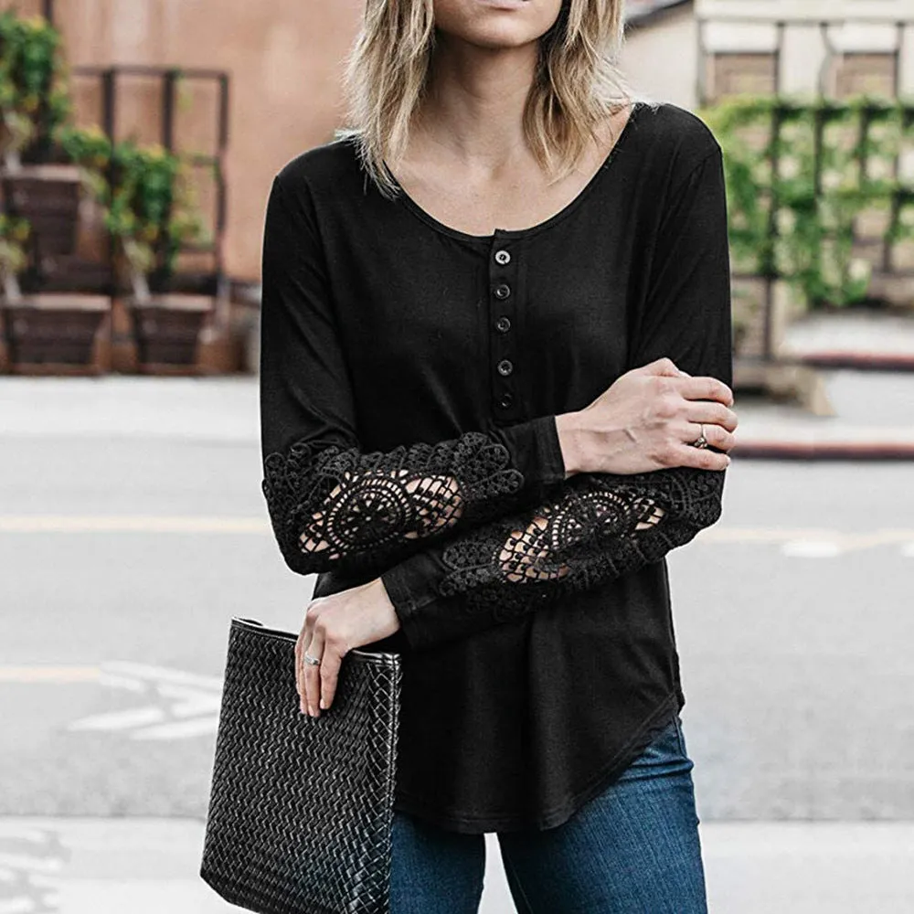 Lace Button Round Neck Long Sleeve T-shirts