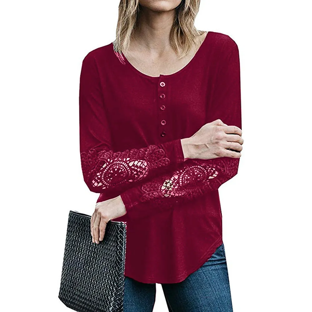 Lace Button Round Neck Long Sleeve T-shirts