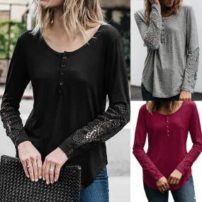 Lace Button Round Neck Long Sleeve T-shirts