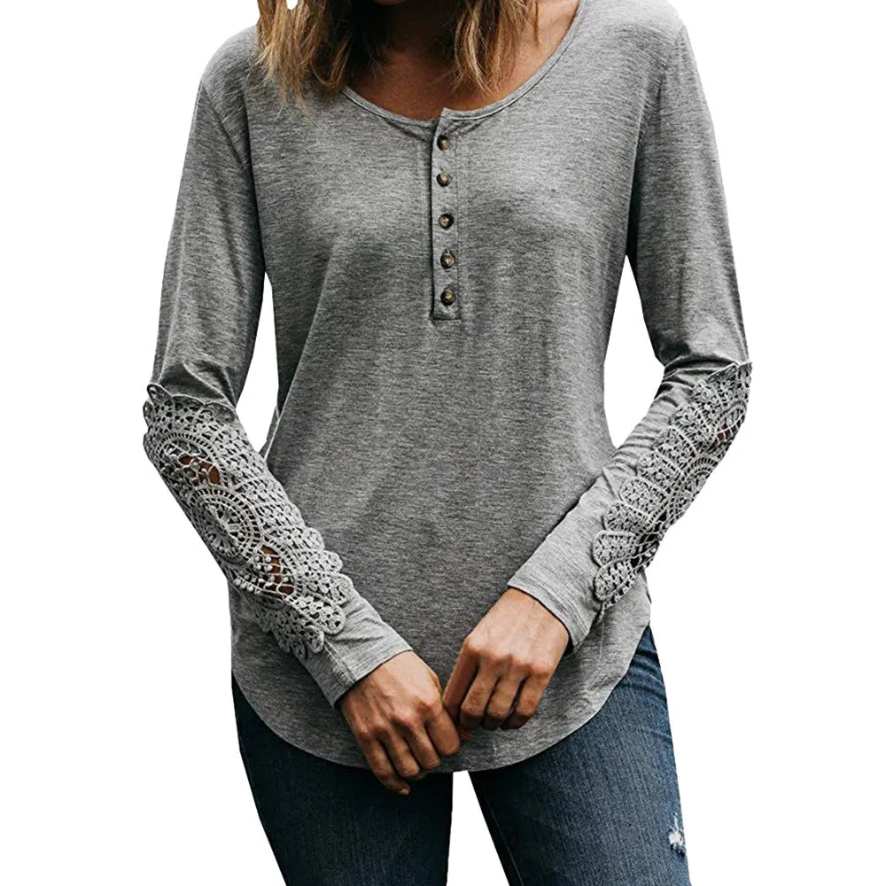 Lace Button Round Neck Long Sleeve T-shirts