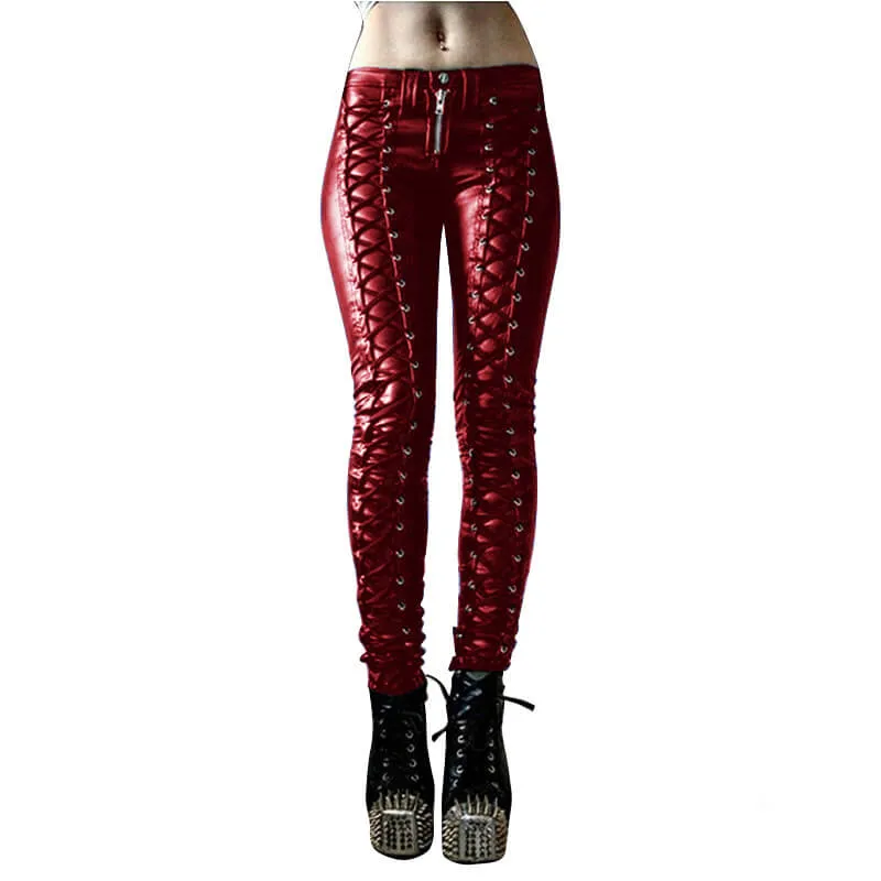 Lace-up Studded Skinny PU Leather Pants