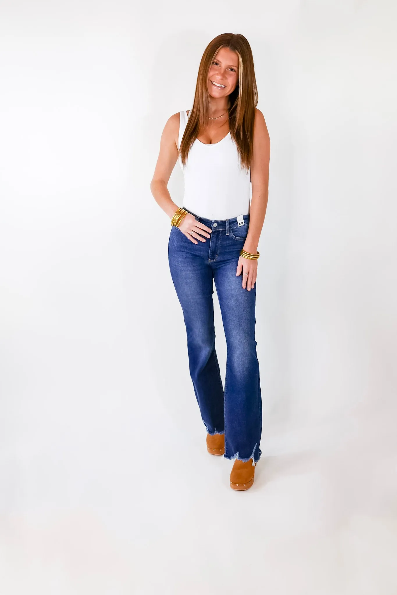 Last Chance Size 0 | Judy Blue | Meet Your Destiny Distressed Hem Bootcut Jeans in Dark Wash