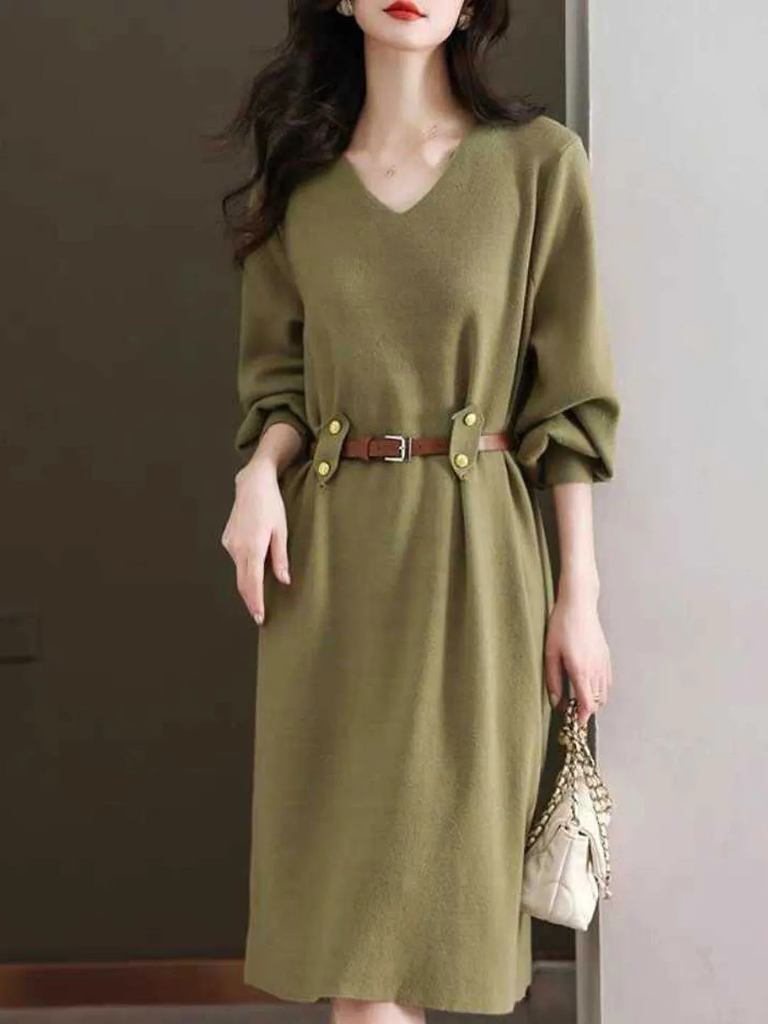 Lauren Classic Solid Color Lantern Sleeve Knitted Dress