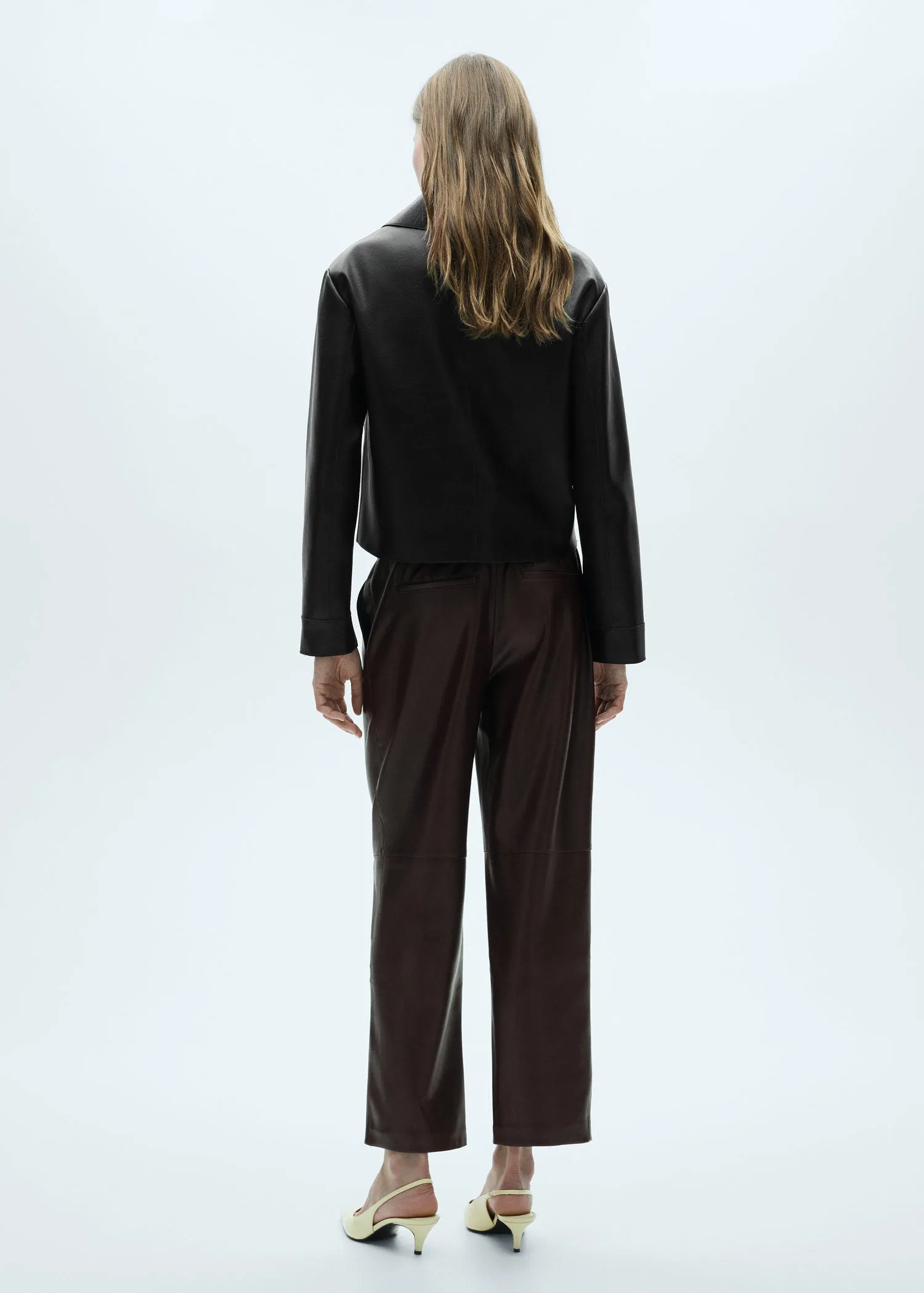 Leather-effect elastic waist trousers - Dark Brown