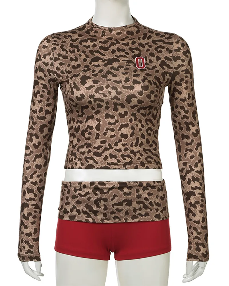 Leopard Print Spliced High Waist Shorts Suit