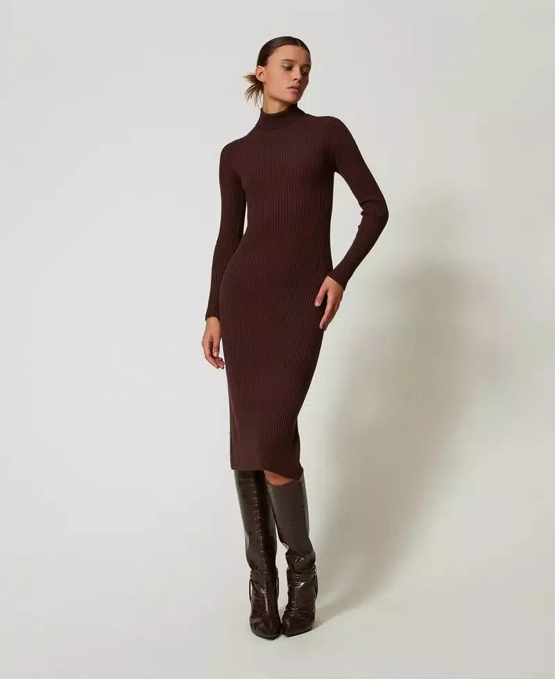 Long Ribbed Knit Dress - Coffee Chocolate