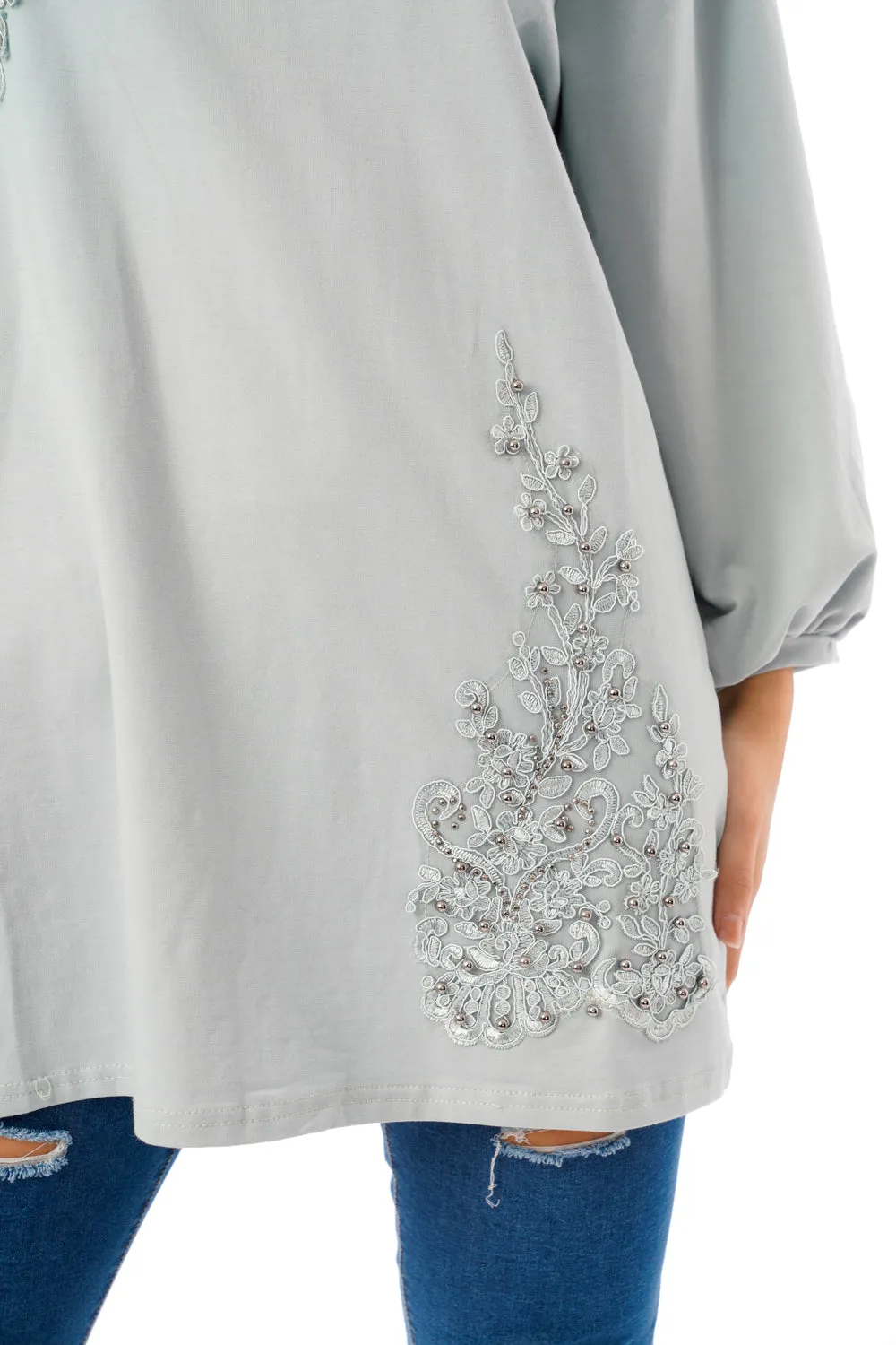 Long Sleeve Tunic Top with Floral Embroidery