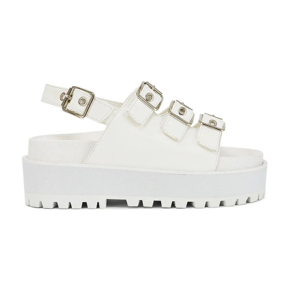 Lyric Buckle Detail Strappy Chunky Sole Flatform Sandals in White