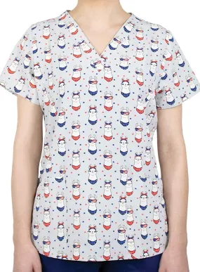 Maevn 1767 HFL Have a Fabullama 4th Printed V-Neck Scrub Top <br> Sizes XS to 2XL